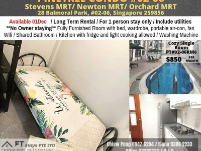 Available 01 Dec - Common Room/Strictly Single Occupancy/no Owner Staying/Wifi/Aircon/No Agent Fee/Cooking allowed/Near Stevens MRT/Newtons MRT/Orchard MRT - 28 Balmoral Park, Singapore 259856