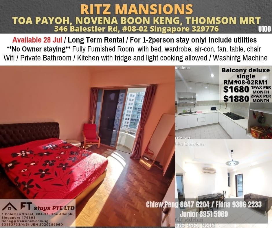 RITZ MANSION Available 28Jul /Master Room/FOR 1 PERSON STAY ONLY/Wifi/Air-con/No owner staying/No Agent Fee/Cooking allowed/Novena MRT / Toa Payoh MRT / Boon Keng / Thomson MRT - Novena - Flat - Homates Singapore