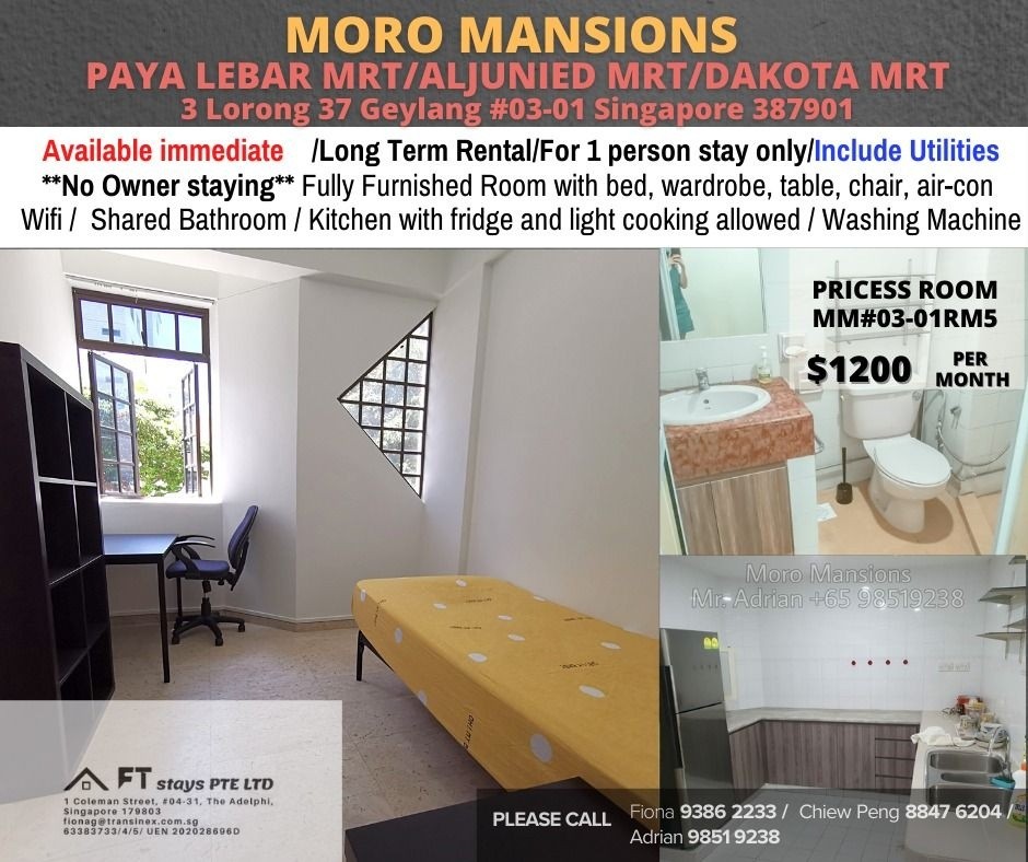 Room for Rent / Paya Lebar – Aljunied – Dakota MRT / Master Room / Available Immediate/ Moro Mansion - Paya Lebar - Flat - Homates Singapore