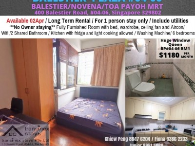 Toa Payoh MRT/ Novena MRT /Min 3 - 12 Month Rental / For 1 or 2 pax stay / Include utilities / No owner stay/Available 02 Apr - 400 Balestier Road, Singapore 329802