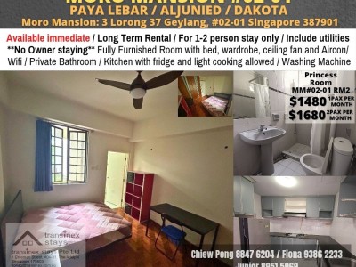 Room For Rent - Moro Mansions RM3 - 3 Lorong 37 Geylang #02-01 Singapore 387901