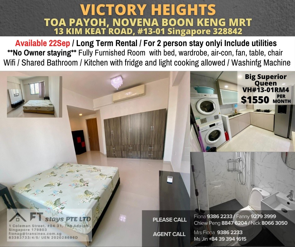 VICTORY HEIGHTS Middle Room /1 persons stay/No Owner Staying/Fully Furnished /WIFI/2 Shared Bathroom/allowed Light Cooking/ Balestier / Toa Payoh/Novena MRT/ Available on Immediately - Toa Payoh - Fla - Homates Singapore