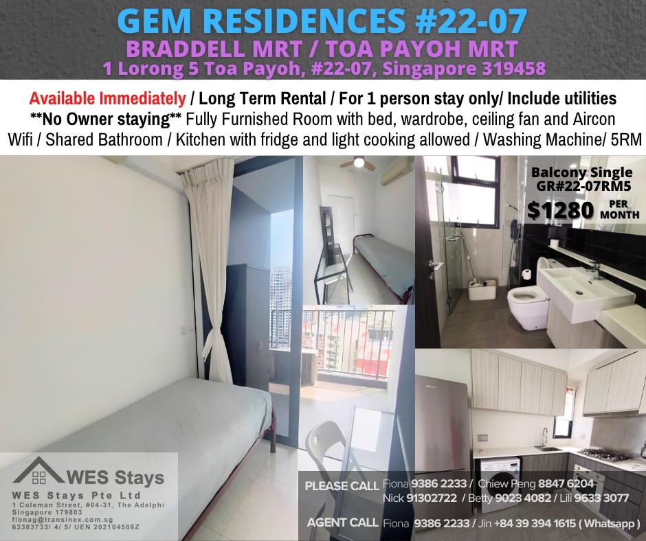 Room for rent / BRADDELL MRT/ TOA PAYOH MRT / Common room / 1pax stay / Available 14 Nov/ GEM RESIDENCES - Toa Payoh 大巴窯 - 整個住家 - Homates 新加坡