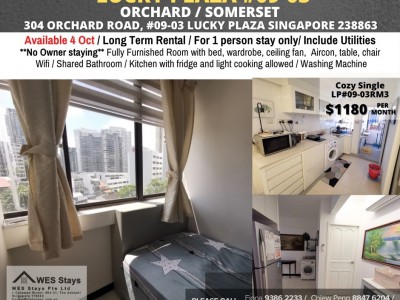 Room for rent / ORCHARD / Common room / 1pax stay / Available 4 Oct - 304 ORCHARD ROAD, #09-03 LUCKY PLAZA SINGAPORE 238863